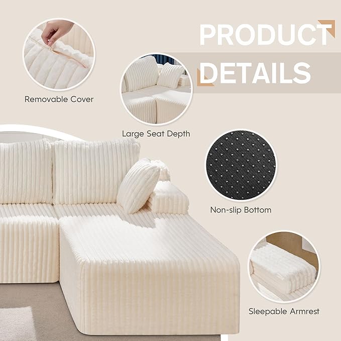 Hobestluk Modular Sectional Sofa Couches L-Shape Couch 3 Seat Modular Sofa Memory Foam Sectional Couches for Living Room, Cloud Couch with Oversized Chaise (108" Right Facing Chaise)