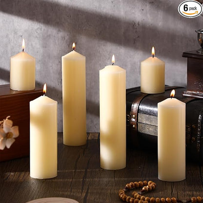 MTLEE 6 Pcs Pillar Candles 3 Set 2 in x 3, 6, 8 Inch Smokeless Dripless Unscented Pillar Candles Long Clean Burning Wax for Wedding Dinner Party Spa Emergency Ceremony Home Decor (Ivory White)