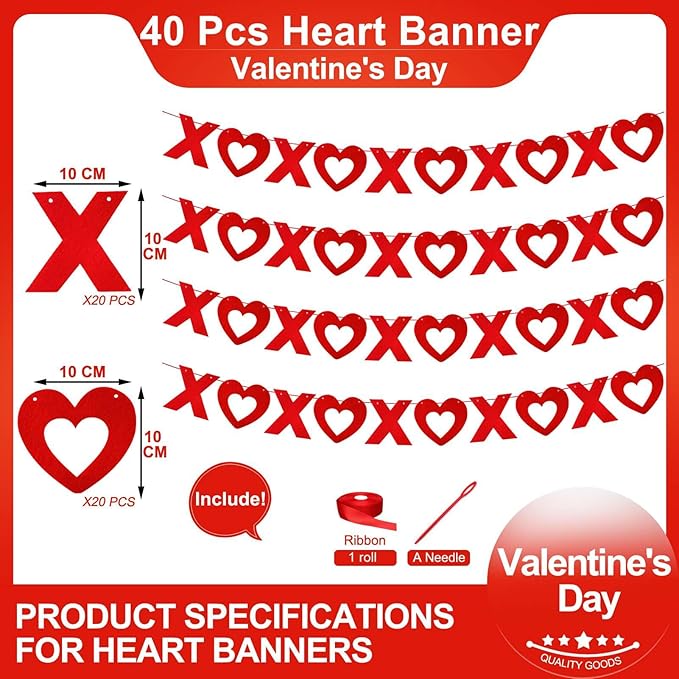 LHOAVWE 4 Pack Felt Red & Pink XOXO Heart Garland Banners, Valentines Day & Wedding Decorations, 3m/10ft Each, 5XO per Garland, Includes Ribbon Roll