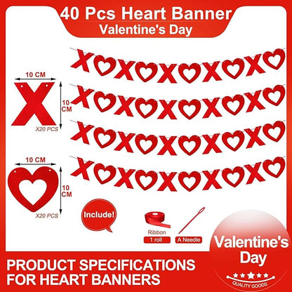 LHOAVWE 4 Pack Felt Red & Pink XOXO Heart Garland Banners, Valentines Day & Wedding Decorations, 3m/10ft Each, 5XO per Garland, Includes Ribbon Roll
