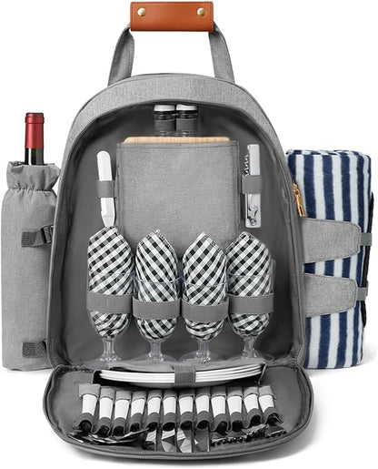 Picnic Backpack Bag for 4 Person with Cooler Compartment and Wine Holder,Fleece Blanket,Cutlery Set,for Camping,Beach,Day Travel,Hiking,BBQ and Family/Couples Gifts,Accessories,Supplies(Light Gray)