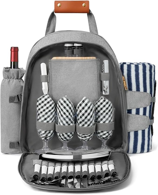 Picnic Backpack Bag for 4 Person with Cooler Compartment and Wine Holder,Fleece Blanket,Cutlery Set,for Camping,Beach,Day Travel,Hiking,BBQ and Family/Couples Gifts,Accessories,Supplies(Light Gray)