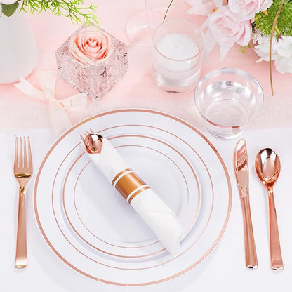 DaYammi 350PCS Rose Gold Plastic Dinnerware Set for 50 Guests, Plastic Plates for Party Include: 50 Dinner Plates, 50 Dessert plates,50 Pre Rolled Napkins with Rose Gold Silverware,50 Cups for Wedding