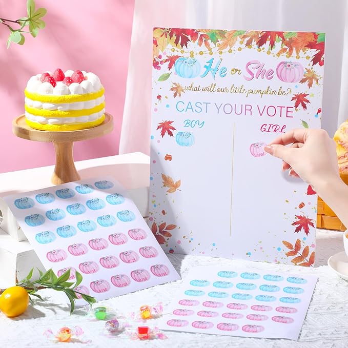 Poen Gender Reveal Board with Stand What Will Our Be Gender Reveal Game with 60 Pcs Voting Stickers for Cast Your Vote Guess Game Baby Shower(Warm)