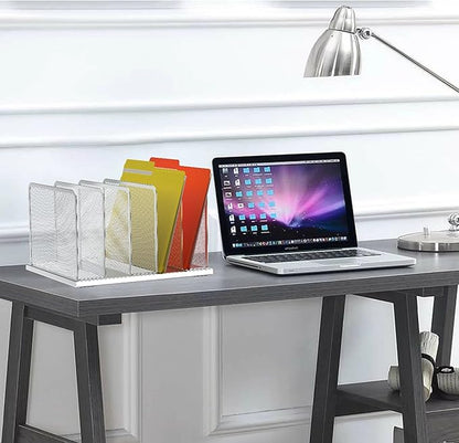 Kuntine.B Desk File Organizer Upright Mesh Desktop Organizer File Sorter Office Organization File Holder for Home, Office & Classroom (Silver, 1 Pack 5-Section)