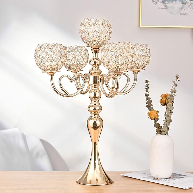 8Sets Gold 5 Arm Candelabra Wedding,21Inches Tall Crystal Candelabra Centerpieces for Tables Home Anniversary Dinner Party Decor centros de mesa de 15 años