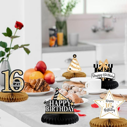 Happy 16th Birthday Decorations,16th Birthday Gold Glitter Shiny Stand Honeycomb Table Centerpieces - Cheers to Sixteen Years Old Birthday Party Photoprop Gift Sign.