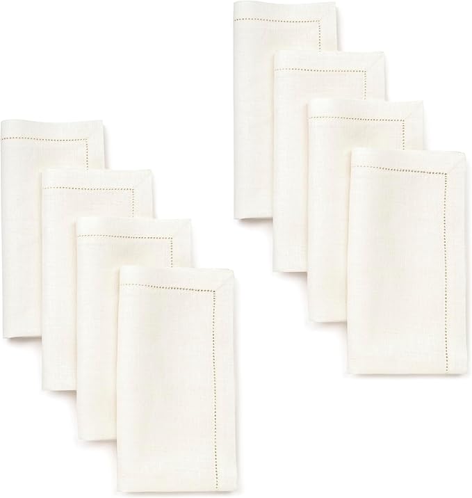 D'Moksha Homes Ivory Linen Napkins Set of 8 - Classic Hemstitch 100% Pure Linen Hemstitch Dinner Napkins 20 x 20 Inch for Winter, Christmas, Holiday - Handcrafted and Machine Washable