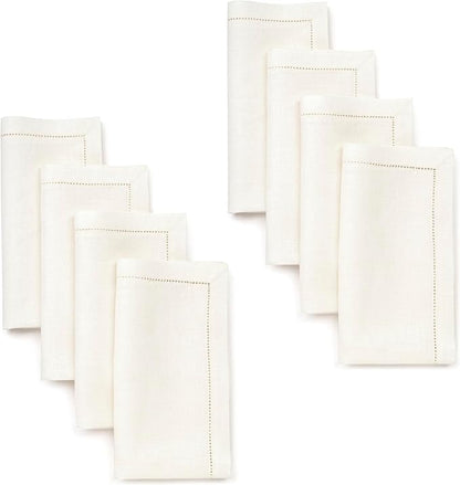 D'Moksha Homes Ivory Linen Napkins Set of 8 - Classic Hemstitch 100% Pure Linen Hemstitch Dinner Napkins 20 x 20 Inch for Winter, Christmas, Holiday - Handcrafted and Machine Washable