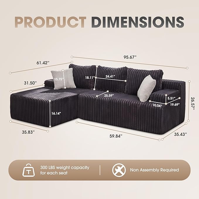 Hobestluk Modular Sectional Sofa Couches L-Shape Couch 3 Seat Modular Sofa Memory Foam Sectional Couches for Living Room, Cloud Couch with Oversized Chaise (96" Left Facing Chaise)