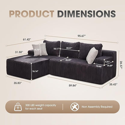 Hobestluk Modular Sectional Sofa Couches L-Shape Couch 3 Seat Modular Sofa Memory Foam Sectional Couches for Living Room, Cloud Couch with Oversized Chaise (96" Left Facing Chaise)