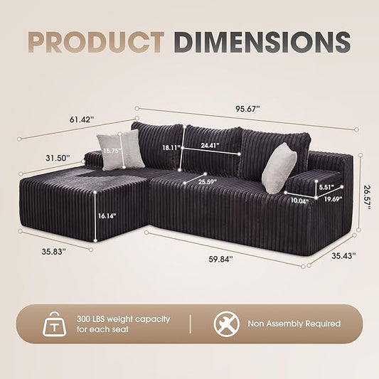 Hobestluk Modular Sectional Sofa Couches L-Shape Couch 3 Seat Modular Sofa Memory Foam Sectional Couches for Living Room, Cloud Couch with Oversized Chaise (96" Left Facing Chaise)