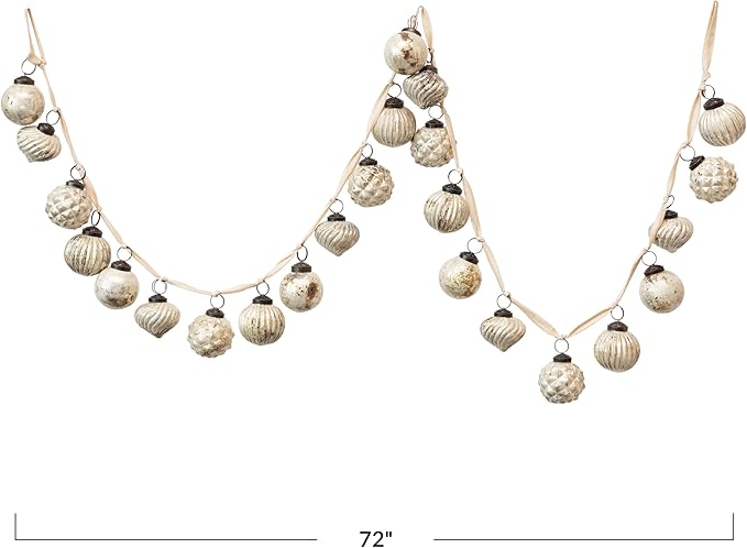 Creative Co-Op Embossed Mercury Glass Ball Ornament Garland, Distressed Matte Cream