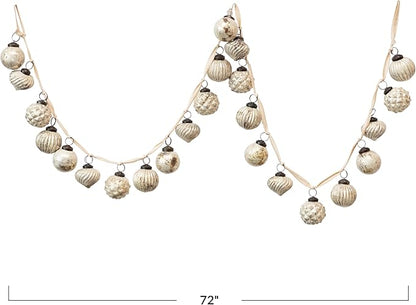 Creative Co-Op Embossed Mercury Glass Ball Ornament Garland, Distressed Matte Cream