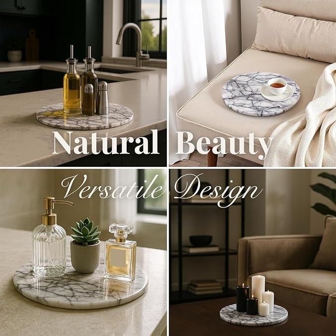 Handcrafted Marble Tray – Bathroom Counter Organizer, Jewelry Tray, Perfume Organizer & Decorative Tray for Vanity Accessories, Coffee Table Decor & Bathroom Countertop, Stone Trays (Round, Leilac)