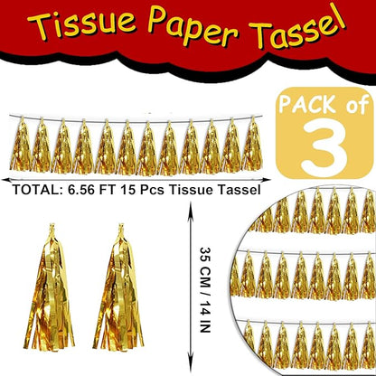 3P Gold Tassel Banner Garland Metallic Foil Fringe Banner Tinsel Tassels Streamer Banner Backdrop for Parade Floats, 2025 Graduation Decorations, Wedding Party Decoration