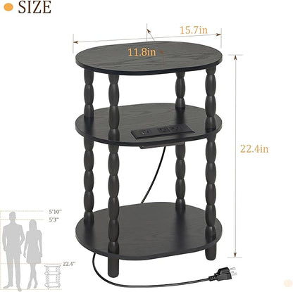 MaxSmeo Black Side Table with Charging Station, 3-Tier Small Oval End Table with USB Ports and Outlet, Modern Night Stand Wood Accent Table for Living Room, Bedroom, Black