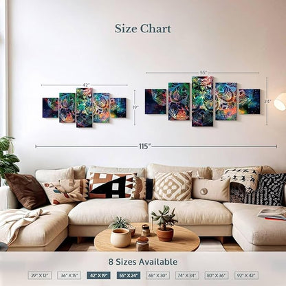 ElephantStock - Celestial Mandala Wall Art - Horizontal Multi Panel Canvas - 5 Piece Living Room Wall Decor - Digital Art Elements Multi Piece Wall Art - Turquoise And Blue Decor - 42" x 19"
