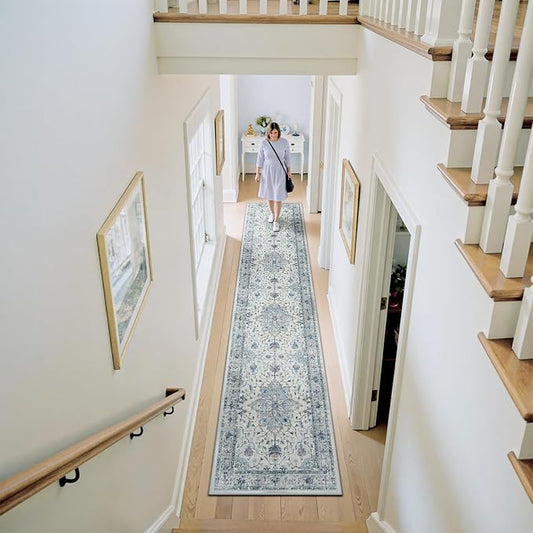Area Rugs 2'6''x10' Runner Rug Non Slip Washable for Kitchen Hallway Bedroom Beside Laundry Room Bathroom Rug, Floor Carpet, Light Blue Navy Beige Gray White