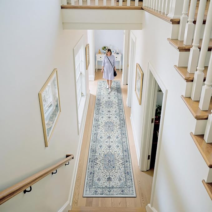 Area Rugs 2'6''x12' Runner Rug Non Slip Washable for Kitchen Hallway Bedroom Beside Laundry Room Bathroom Rug, Floor Carpet, Light Blue Navy Beige Gray White