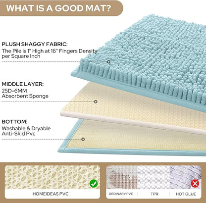 HOMEIDEAS 3 Pieces Bathroom Rugs, Ultra Soft Non Slip Absorbent Chenille Toilet Bath Mat Set (Light Blue)