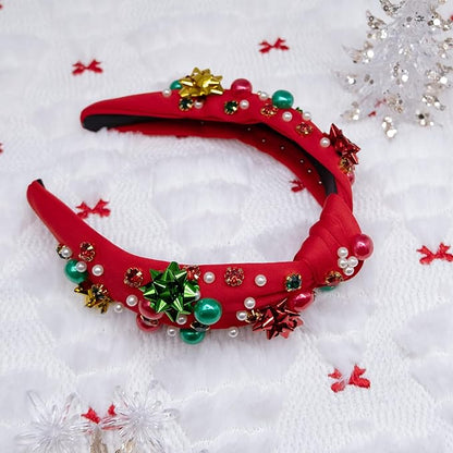 pVq Christmas Headband for Women Knotted Headband with Christmas Tree Crystal Pearl Snowflake Ribbon Xmas Holiday Hairband (Pearl Flower - Red, One Size)