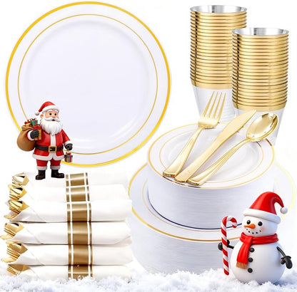 350Piece Gold Dinnerware Set for 50 Guests - Gold Plastic Plates with Disposable Cutlery Include:50Dinner Plates-50Dessert Plates-50Pre Rolled Napkins with Silverware for Christmas