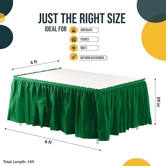 Exquisite Ruffle Table Skirt Emerald Green 2 Pack 14 Ft Long Table Skirts for Rectangle Tables 6ft Plus or Round Tables Skirts with Adhesive Strip for Gender Reveal Decor & Happy Birthday Parties