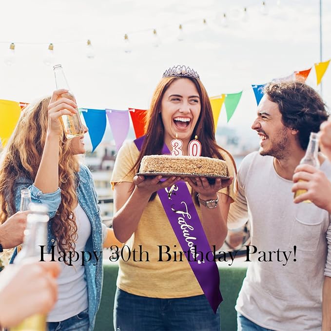 CIEHER 30th Birthday Decorations - Sash, Crown, Tiara, Cake Topper, Photo Booth Props & Party Supplies in Purple