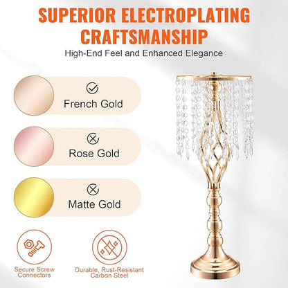 VEVOR 10PCS 55cm/21.65” Tall Crystal Wedding Flower Stand, Metal Wedding Centerpiece Vase, Gold Flower Holders Floral Display Rack for Tables Wedding Dinner Party, Ceremony Birthday Event Decor