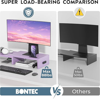 BONTEC Dual Monitor Stand Riser with Smartphone Holder, Adjustable Length & Swivel Angle, Ergonomic Wooden Desktop Organizer for PC Monitor, Laptop, Printer, Large Storage, Purple