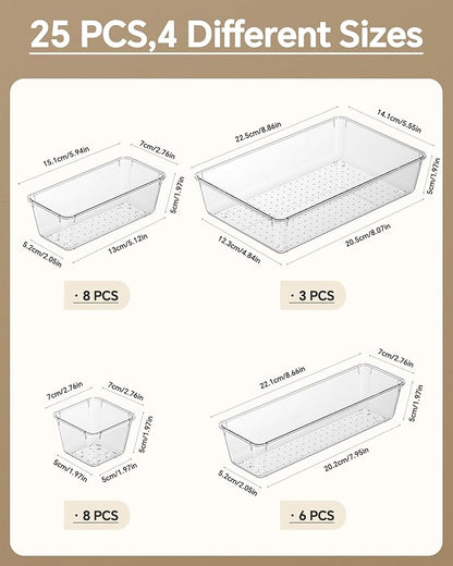 25 PCS Plastic Drawer Organizers Set, 4 Sizes Vanity Organizer, Makeup and Desk Drawer Organizer Trays, Organization and Storage for Makeup, Bathroom, Kitchen Utensils and Office (Clear)