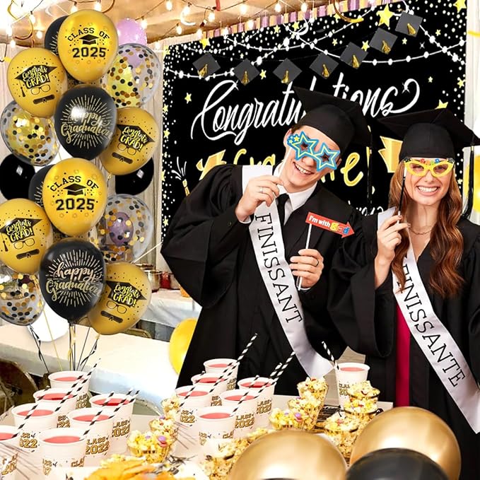 Graduation Balloons 2025 Grad Party Decoration, 50pcs 12 Inch Black and Gold Grad Latex Balloons Graduation Party Balloons for Grad class Celebrations Decoration Supplies