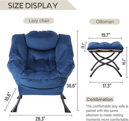 LITA Lazy Chair with Ottoman, Modern Accent Leisure Upholstered Sofa Chair, Contemporary Lounge Reading Chairs with Armrests and a Side Pocket for Living Room, Bedroom & Small Space, Royal Blue