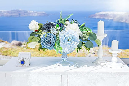 Artificial Flowers Combo Box Set,Silk Fake Flowers Roses Bridal Bouquets Out/Indoor DIY Centerpieces White Flowers for Decoration Arrangements Party Baby Shower Home Cake Decor (White&Blue)