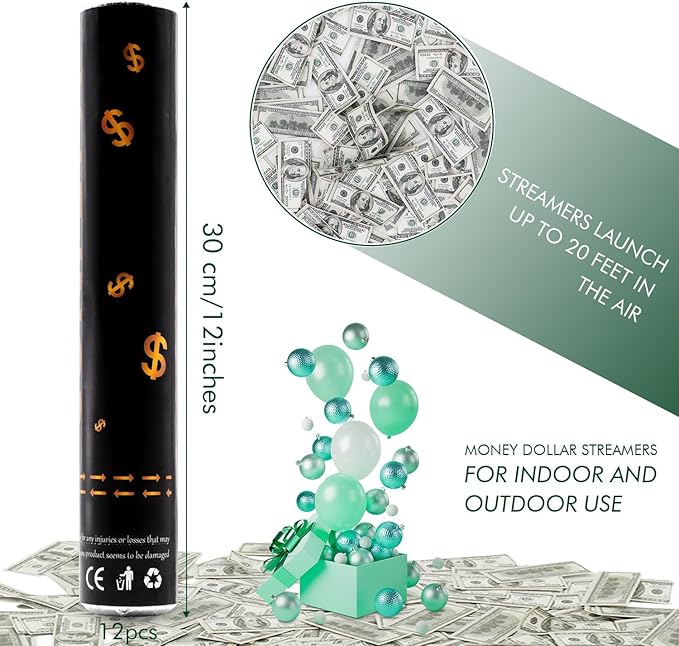 Confetti Cannon Party Poppers 12 Pack 100 Dollar Bill Money Paper Make it Rain 12 inch Confetti Shooters Bill Launcher for Business Signing Opening Activities Birthday Party Celebration