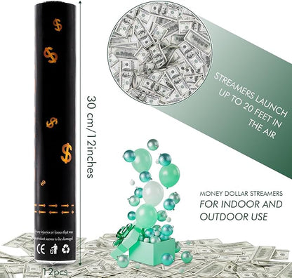 Confetti Cannon Party Poppers 12 Pack 100 Dollar Bill Money Paper Make it Rain 12 inch Confetti Shooters Bill Launcher for Business Signing Opening Activities Birthday Party Celebration