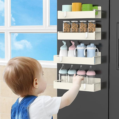4 Pack Magnetic Spice Rack Organizer for Refrigerator and Oven, Cream White Fridge Organizers and Storage for Kitchen