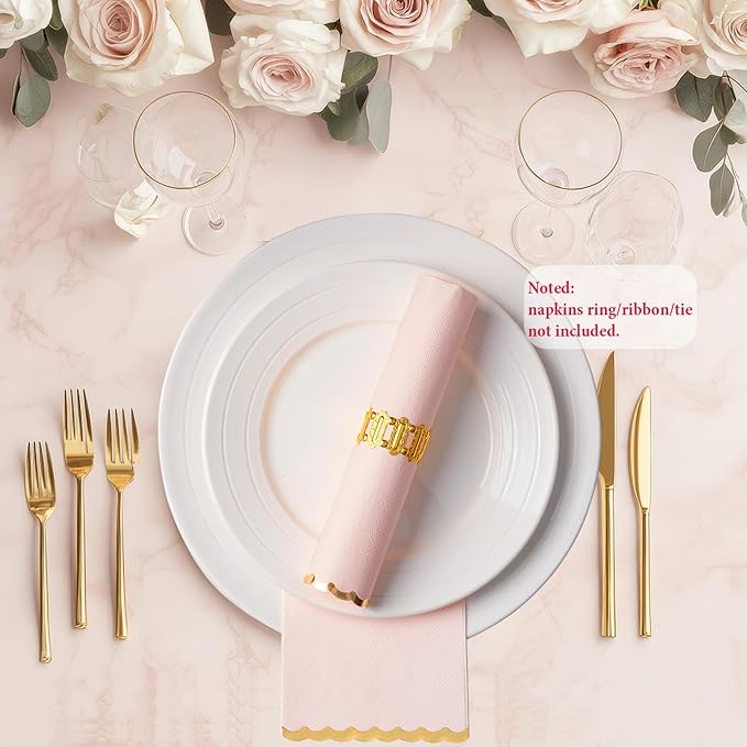 50 Pink Paper Napkins Decorative, Gold Foil Scalloped Edged Guest Napkins Disposable, Dinner Napkins for Wedding, Shower Baby, Birthday Parties Supplies(4 x 8 In, Pink)