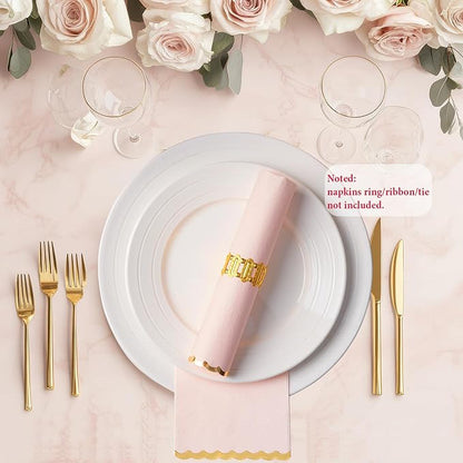 50 Pink Paper Napkins Decorative, Gold Foil Scalloped Edged Guest Napkins Disposable, Dinner Napkins for Wedding, Shower Baby, Birthday Parties Supplies(4 x 8 In, Pink)