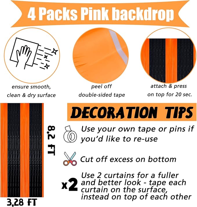 4 Pack Fringe Curtain Backdrop, 3.2Ft x 8.2Ft Black Orange Metallic Tinsel Foil Fringe Streamers Background for Photo Booth Birthday Wedding Baby Shower Carnival Easter Mother’s Day Party Decorations