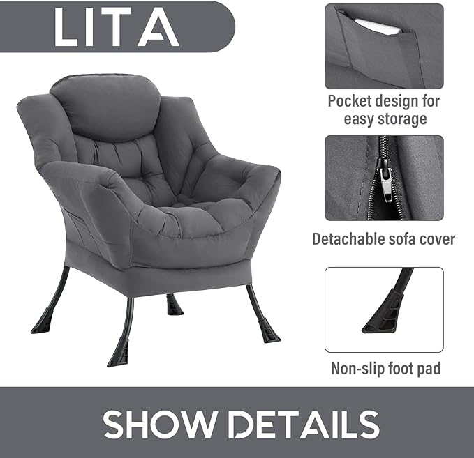 LITA Lazy Chair with Armrests and Side Pocket, Modern Upholstered Accent Reading Chair for Living Room, Bedroom, Dorm, Small Spaces, Single Dark Grey