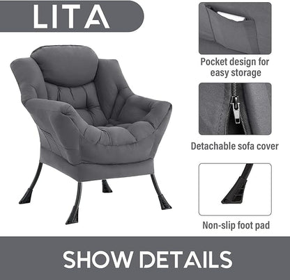 LITA Lazy Chair with Armrests and Side Pocket, Modern Upholstered Accent Reading Chair for Living Room, Bedroom, Dorm, Small Spaces, Single Dark Grey