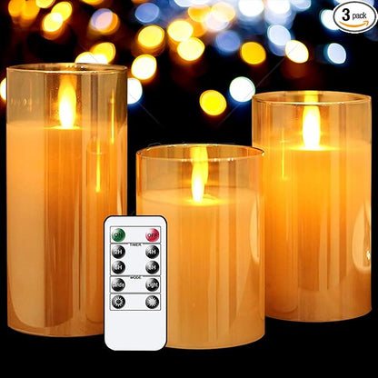 GenSwin LED Flameless Flickering Battery Operated Candles with Remote Timer, Real Wax Moving Wick Pillar Glass Candles for Festival Wedding Christmas Home Party Decor(Gold, Pack of 3)