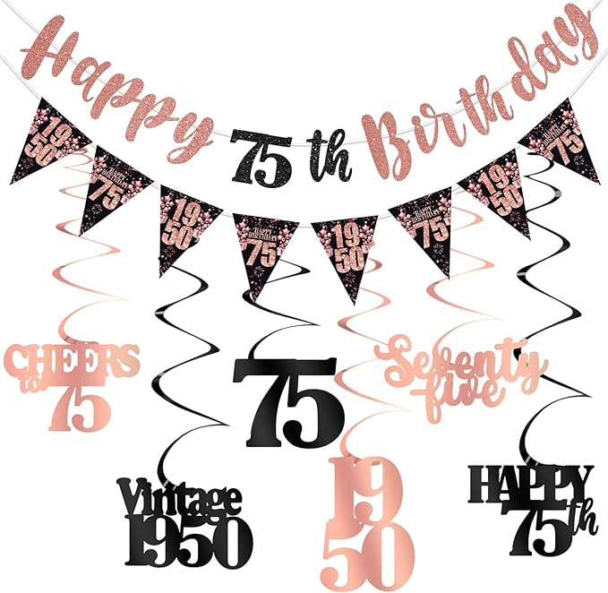 75th Birthday Decorations for Women, Black Rose Gold Happy 75th Birthday Banner Hanging Swirls Vintage 1950 Decorations Kit Cheers to 75 Party Supplies