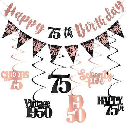 75th Birthday Decorations for Women, Black Rose Gold Happy 75th Birthday Banner Hanging Swirls Vintage 1950 Decorations Kit Cheers to 75 Party Supplies