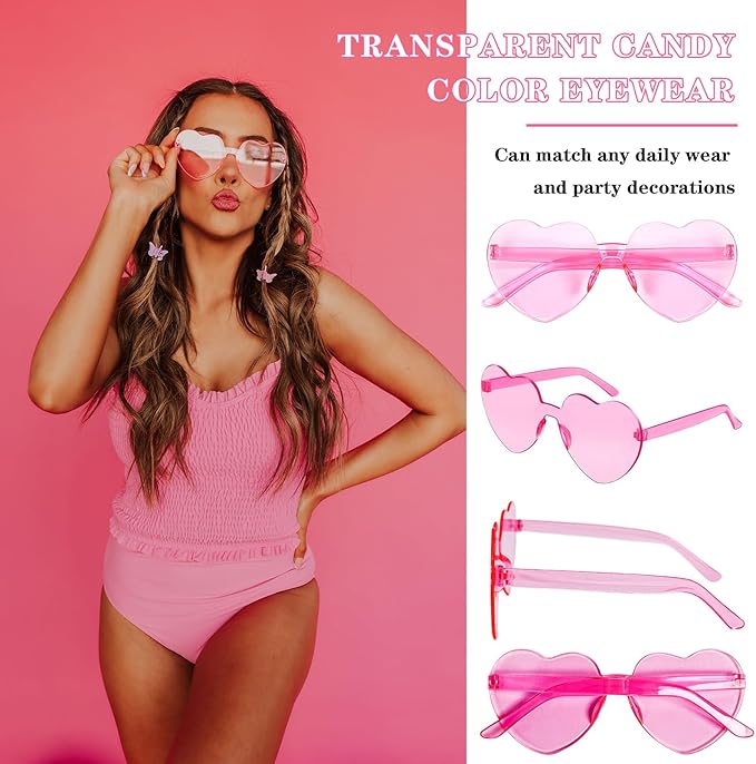 SUNOVELTIES 18 Heart Shape Rimless Sunglasses Transparent Candy Color Party Glasses Colored Eyewear for Women