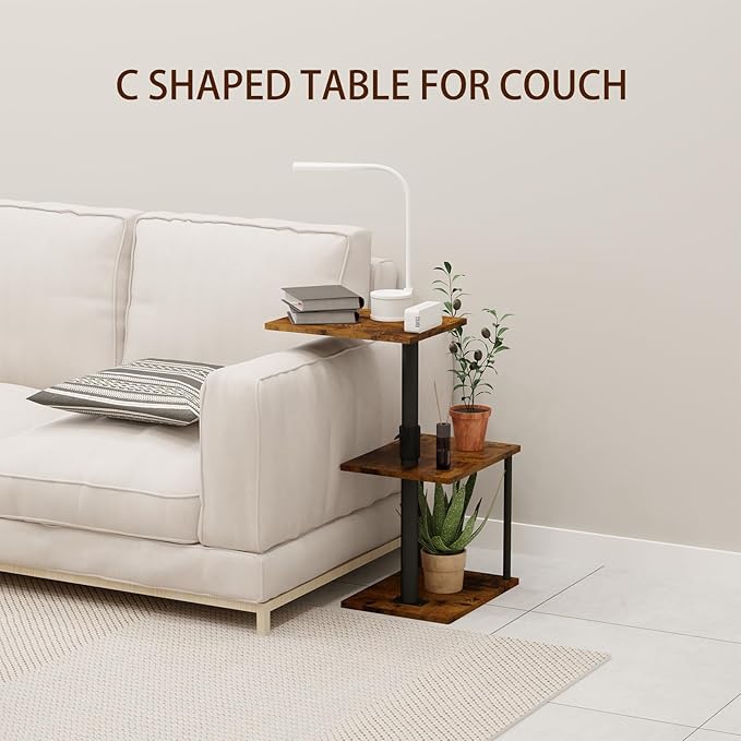 Swivel Side Table for Couch Arm, Height Adjustable C Shaped End Table for Recliner or Bed, Tv Trays with Storage Shelf for Small Spaces- Small Nightstand for Living Room, Bedroom, 2pc