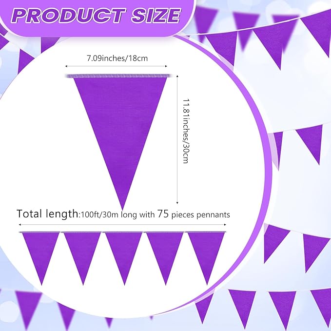 100 Feet Pennant Banners Flags 75 Solid String Triangle Flags for Grand Opening, Carnival Theme Birthday Party Decoration Outdoor Events Classroom Decoration(Purple)