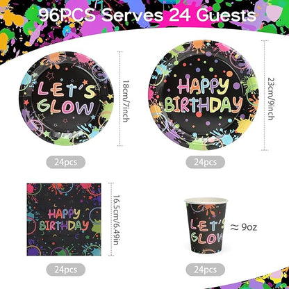 96pcs Birthday Party Disposable Tableware Set Birthday for 24 Guest Kids Coloful Black Party Supplies（Include plates，cups and napkins）